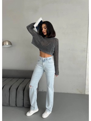 Zeo Basic Kadın Straight Jean Yırtık Detaylı Ara Bel Boru Paça Kot Pantolon Açık Mavi