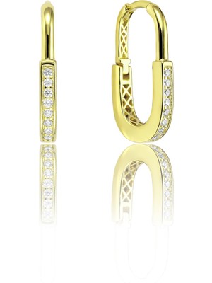 Söğütlü Silver 925 Ayar Gümüş Küpe Altın Kaplama Zirkon Taşlı Dikdörtgen Halka Küpe - Geometrik Tasarım SGTL13271GOLD