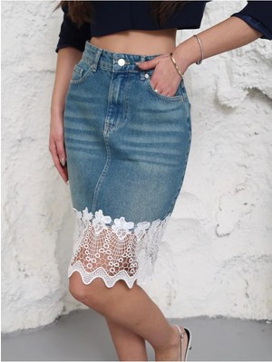 Zeo Basic Kadın Dantel Detaylı Mavi Tint Kot Etek