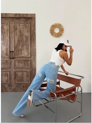 Zeo Basic Kadın Wide-Leg Fit Ön ve Arka Lazerli Pençli Yüksek Bel Geniş Paça Kot Pantolon Açık Mavi