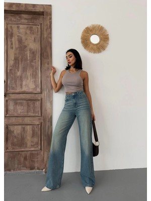 Zeo Basic Kadın Wide-Leg Yüksek Bel Geniş Paça Kot Pantolon Mavi Tint