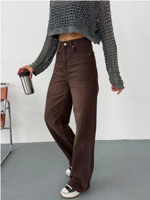 Zeo Basic Kadın Kahverengi Taşlamalı Wide-Leg Jean Yüksek Bel Geniş Paça Kot Pantolon