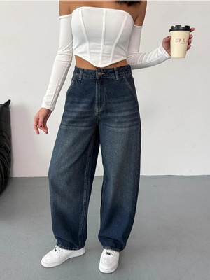 Zeo Basic Kadın Mavi Eskitmeli Skater Fit Yüksek Bel Pantolon