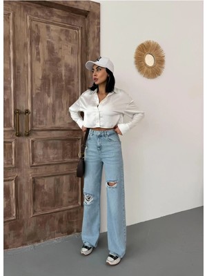 Zeo Basic Kadın Wide-Leg Lazerli Yüksek Bel Geniş Paça Kot Pantolon Açık Mavi