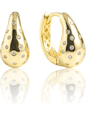 Söğütlü Silver 925 Ayar Gümüş Küpe Altın Kaplama Zirkon Taşlı Bottega Su Damlası Halka Küpe - Bombeli Modern Tasarım SGTL13267GOLD