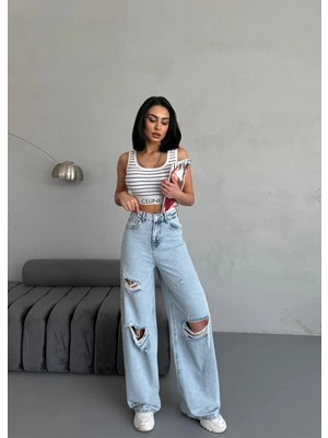 Zeo Basic Kadın Baggy Fit Lazerli Yüksek Bel Geniş Paça Kot Pantolon Açık Mavi