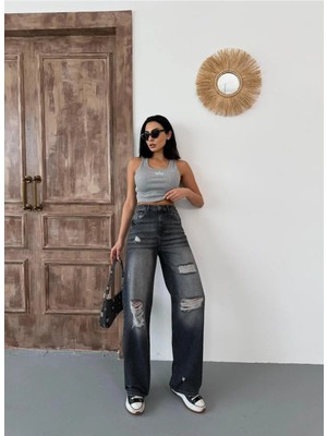 Zeo Basic Kadın Wide-Leg Lazerli Yüksek Bel Geniş Paça Kot Pantolon Füme