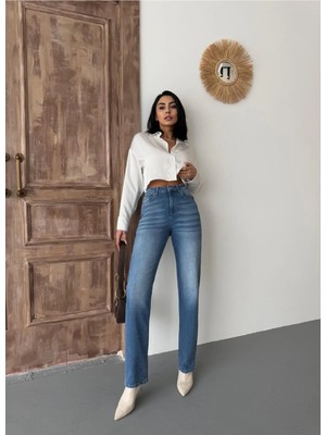 Zeo Basic Kadın Straight Likralı Yüksek Bel Boru Paça Kot Pantolon Koyu Mavi