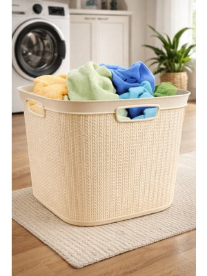 Krem Hasır Çamaşır ve Oyuncak Sepeti, 41 Litre, Kare Tasarım
