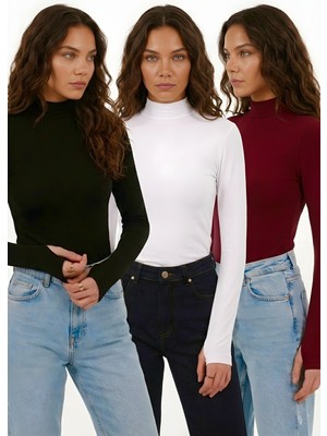 İmaj Butik Siyah-Beyaz-Bordo 3'lü Paket Parmak Geçme Detaylı Body