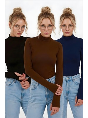 İmaj Butik Siyah-Kahve-Lacivert 3'lü Paket Parmak Geçme Detaylı Body