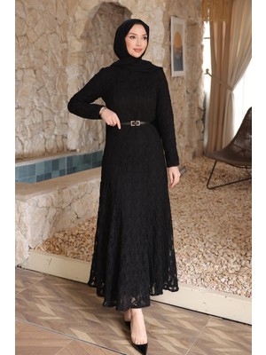 İmaj Butik Siyah Kemerli Dantelli Astarlı Elbise