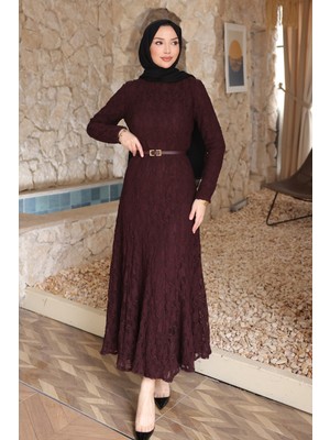 İmaj Butik Mürdüm Kemerli Dantelli Astarlı Elbise