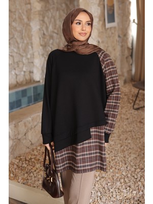 İmaj Butik Siyah Ekose Garnili Modal Tunik