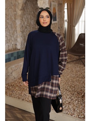 İmaj Butik Lacivert Ekose Garnili Modal Tunik