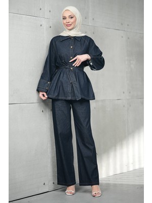 İmaj Butik Lacivert Kuşaklı Ceket Pantolonlu Kot Takım