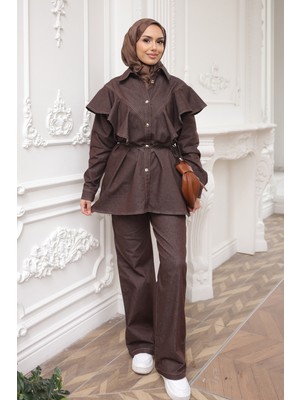 İmaj Butik Kahverengi Volanlı Tunik Pantolonlu Kot Takım
