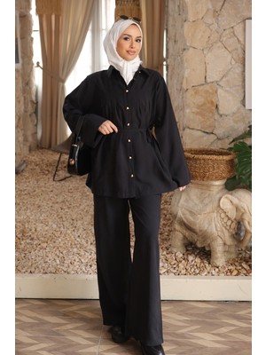 İmaj Butik Siyah Bel Bağlamalı Tunik Pantolonlu Tencel Modal Takım
