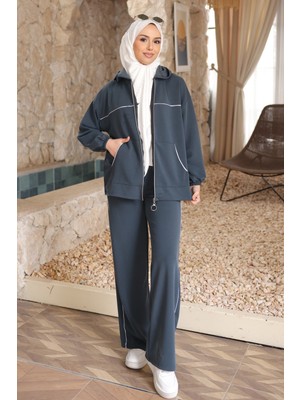 İmaj Butik Antrasit Kapüşonlu Fermuarlı Sweat Hırka Pantolonlu Takım