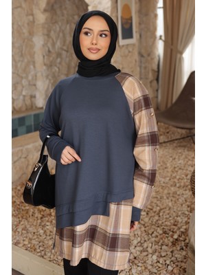 İmaj Butik Antrasit Ekose Garnili Modal Tunik