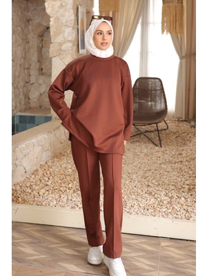 İmaj Butik Kahverengi Yanı Yırtmaçlı Tunik Pantolonlu Takım