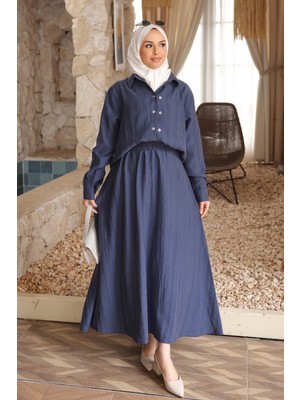 İmaj Butik Lacivert Düğmeli Gömlek Etekli Takım