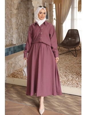 İmaj Butik Mürdüm Düğmeli Gömlek Etekli Takım