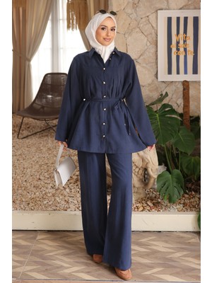 İmaj Butik Lacivert Bel Bağlamalı Tunik Pantolonlu Tencel Modal Takım