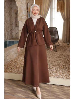 İmaj Butik Kahverengi Düğmeli Lastikli Ceket Etekli Takım