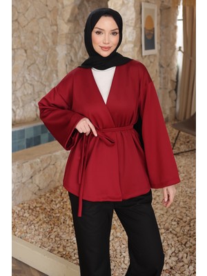 İmaj Butik Bordo Kuşaklı Scuba Kimono Ceket