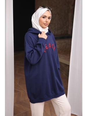 İmaj Butik Lacivert Nakışlı Işlemeli Kapşonlu Tunik Sweat