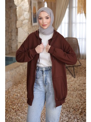 İmaj Butik Kahverengi Kanguru Cepli Üç Iplik Hırka