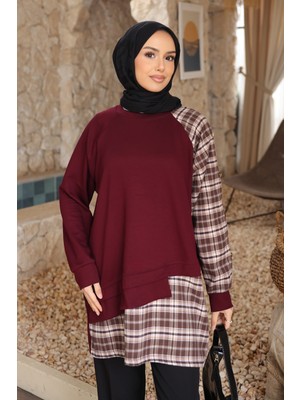 İmaj Butik Bordo Ekose Garnili Modal Tunik