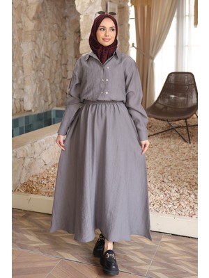 İmaj Butik Antrasit Düğmeli Gömlek Etekli Takım