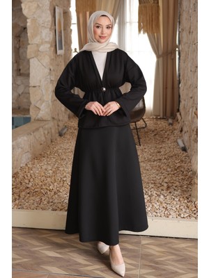 İmaj Butik Siyah Düğmeli Lastikli Ceket Etekli Takım