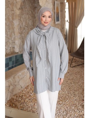 İmaj Butik Füme Yaka Detaylı  Pötikareli Tunik Gömlek