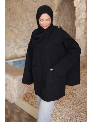 İmaj Butik Siyah Şal Detaylı Düğmeli Angora Hırka