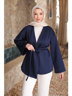 İmaj Butik Lacivert Kuşaklı Scuba Kimono Ceket