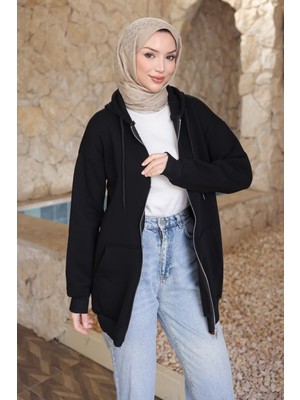 İmaj Butik Siyah Kapşonlu Fermuarlı Üç Iplik Cepli Hırka