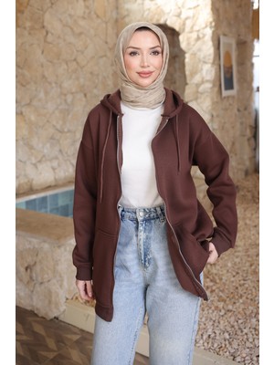 İmaj Butik Kahverengi Kapşonlu Fermuarlı Üç Iplik Cepli Hırka