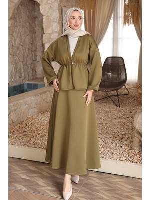 İmaj Butik Haki Düğmeli Lastikli Ceket Etekli Takım