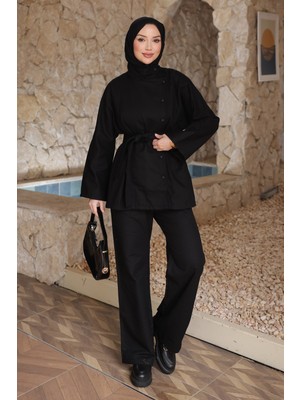 İmaj Butik Siyah Kuşaklı Ceket Pantolonlu Gabardin Takım