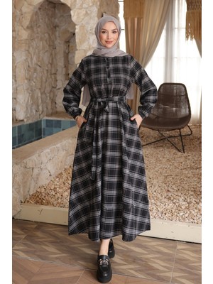İmaj Butik Siyah Ekose Desenli Kuşaklı Elbise