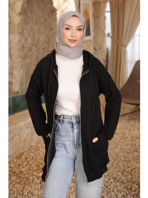İmaj Butik Siyah Kanguru Cepli Üç Iplik Hırka