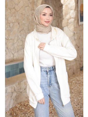 İmaj Butik Ekru Kanguru Cepli Üç Iplik Hırka
