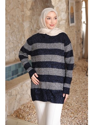 İmaj Butik Lacivert Simli Çizgili Triko Kazak
