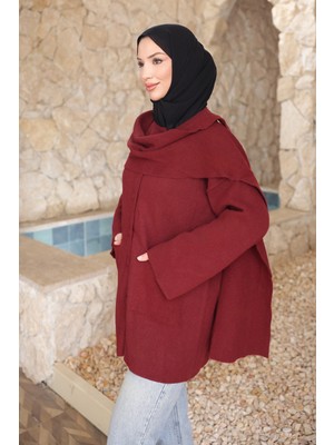 İmaj Butik Bordo Şal Detaylı Düğmeli Angora Hırka