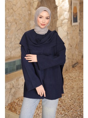 İmaj Butik Lacivert Şal Detaylı Düğmeli Angora Hırka