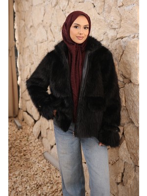 İmaj Butik Siyah Fermuarlı Astarlı Kısa Kürk Kaban