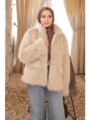 İmaj Butik Bej Fermuarlı Astarlı Kısa Kürk Kaban